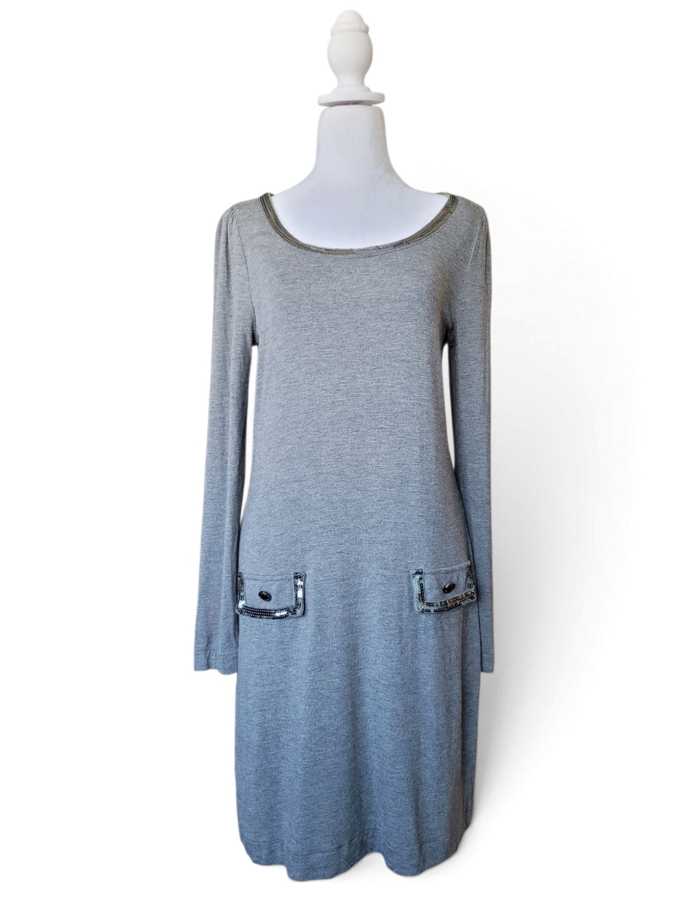 Juicy Couture Long Sleeves Sequin Trim Sheath Dress Grey Medium